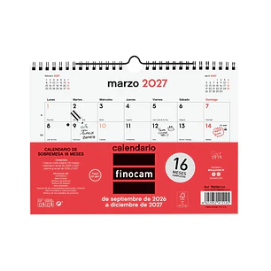 Finocam Neutro Calendario de Pared - 16 Meses - Mes Vista - Formato S - 210x150mm - Espiral Doble Metalica - Papel de 120g/m2 - Listado de Festivos - 