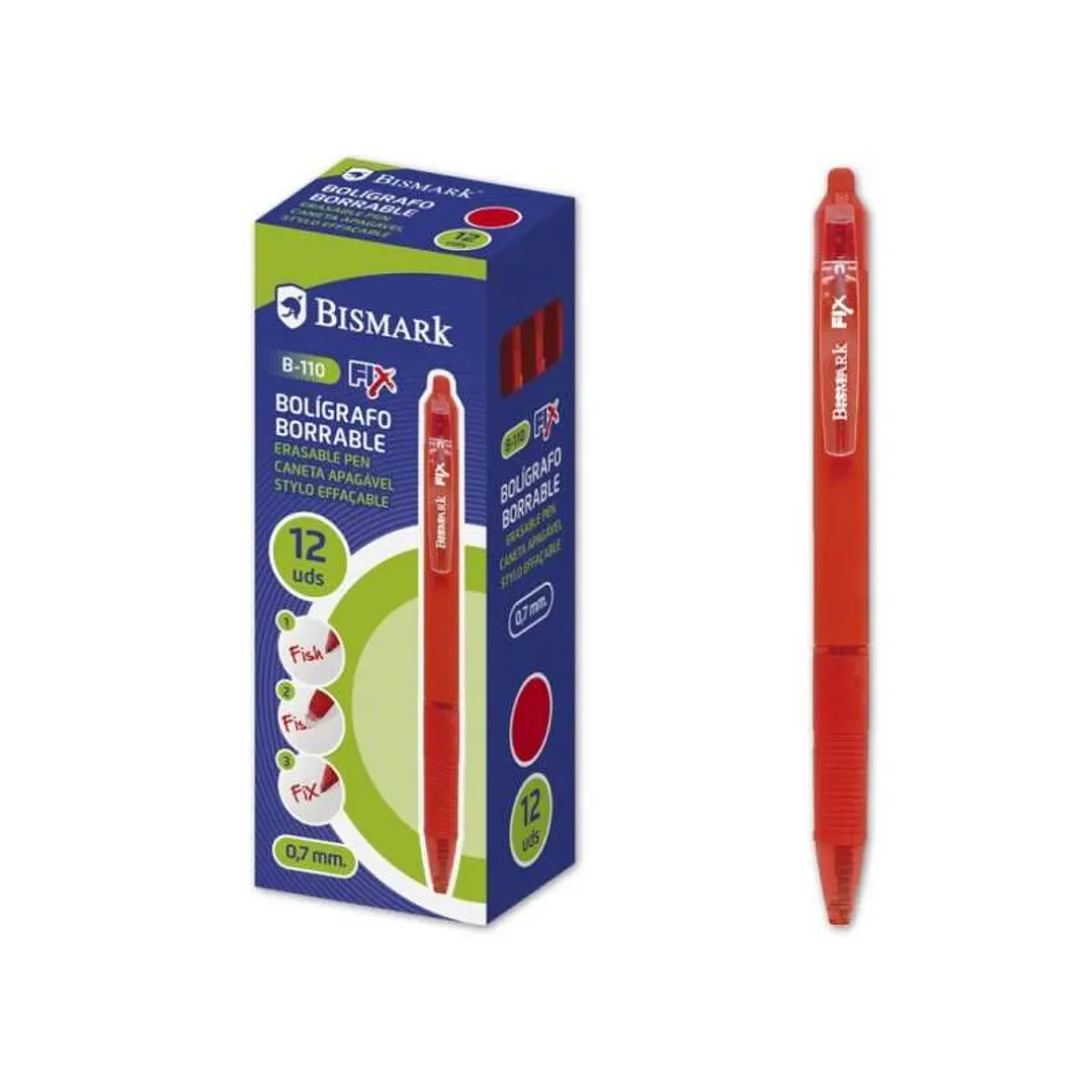 Bismark Fix Boligrafo Retractil Borrable - Punta Fina 0.7mm - Con Clip - Color Rojo 1