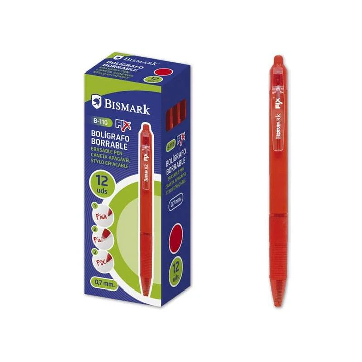 Bismark Fix Boligrafo Retractil Borrable - Punta Fina 0.7mm - Con Clip - Color Rojo 1
