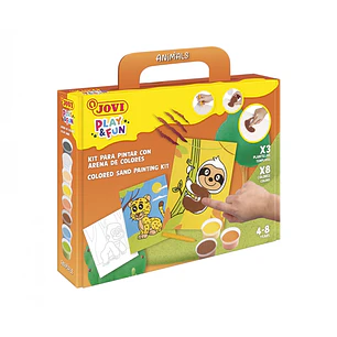 Jovi Play & Fun Kit Pinta con Arena Animals con 8 Botes de Arena + 1 Punzon + 3 Laminas con Diseños de Animales Terrestres - Colores Surtidos