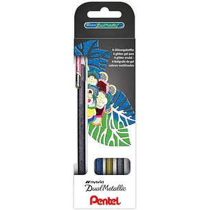 Pentel Hybrid Dual Metallic Pack de 4 Boligrafos de Bola con Tinta Gel Brillante - Punta 1mm - Trazo 0.5mm - Colores Brillantes Surtidos