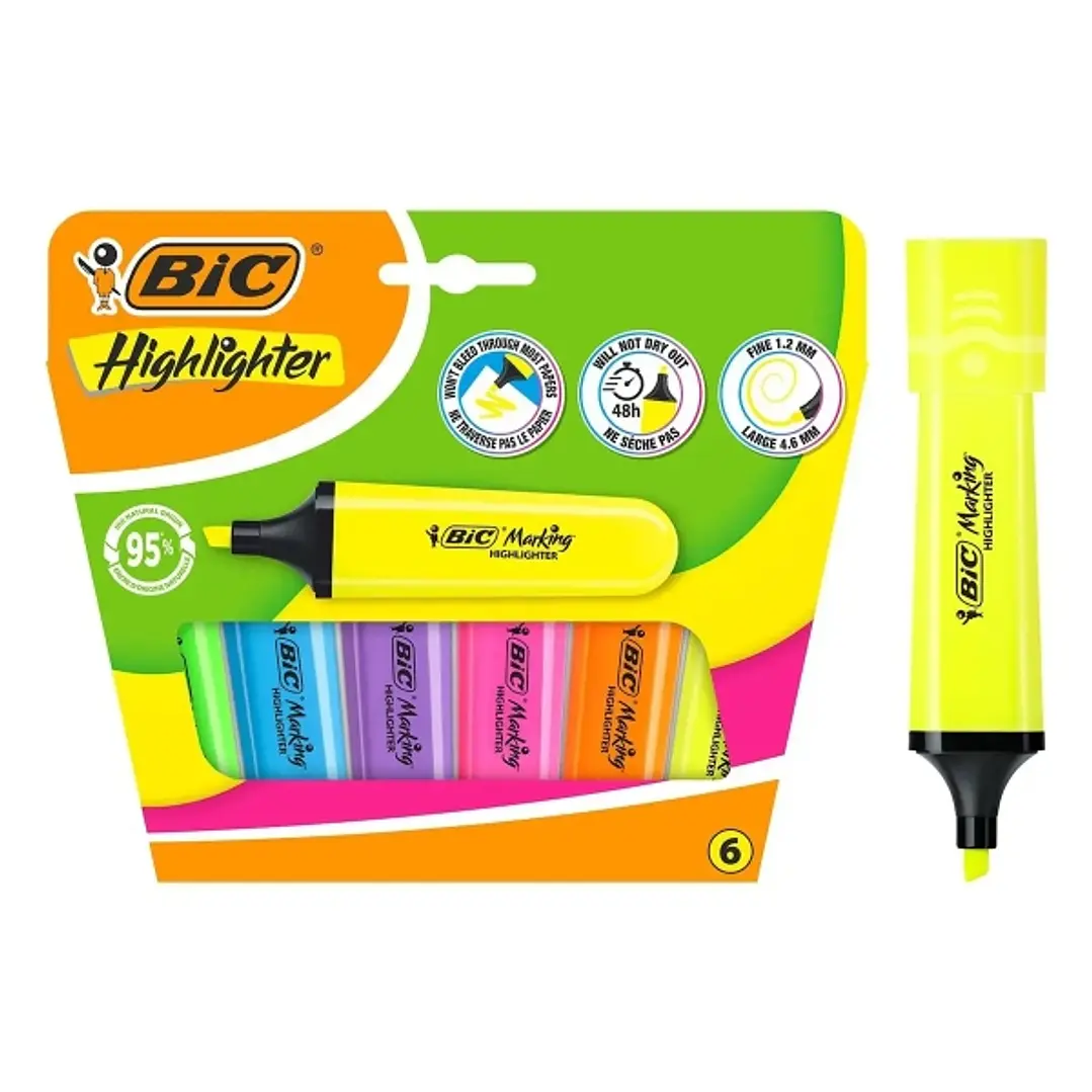 Bic Marking Highlighter Flat Pack de 6 Marcadores Fluorescentes - Punta Biselada - Trazo entre 1.20 y 4.60 mm - Tinta con Base de Agua - Colores Surti 1