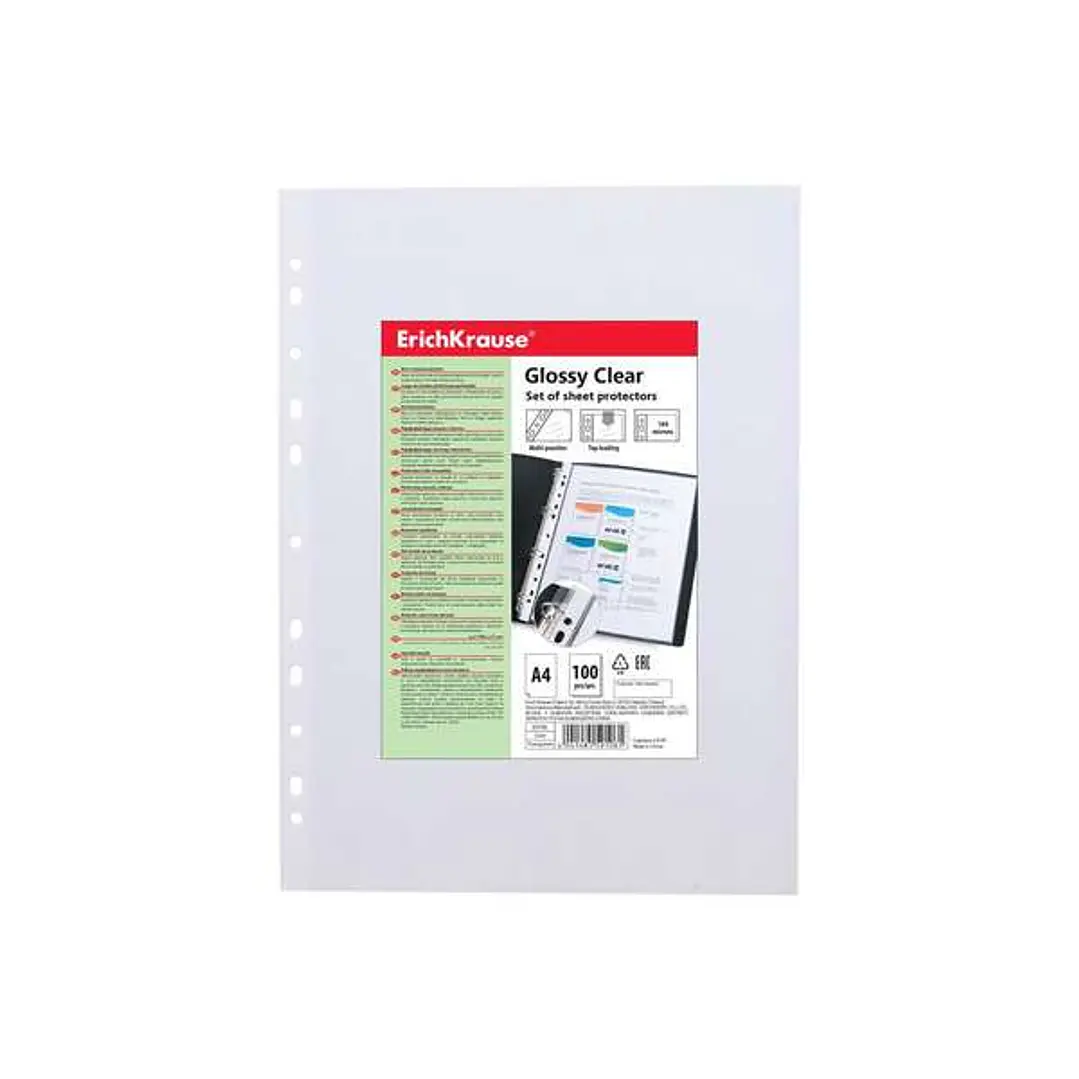 Erichkrause Glossy Clear Pack de 100 Fundas Multitaladro A4 100mic - 11 Taladros - Acabado Brillante Transparente 1