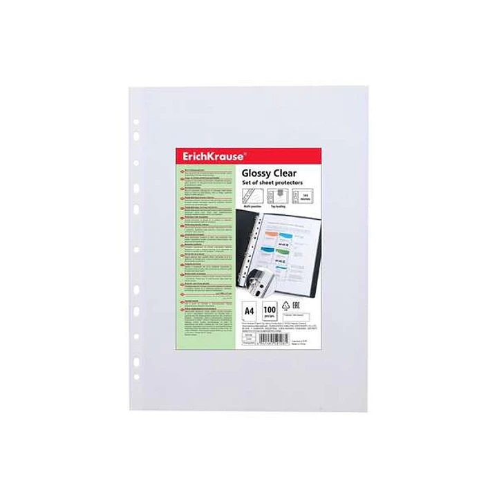 Erichkrause Glossy Clear Pack de 100 Fundas Multitaladro A4 100mic - 11 Taladros - Acabado Brillante Transparente 1