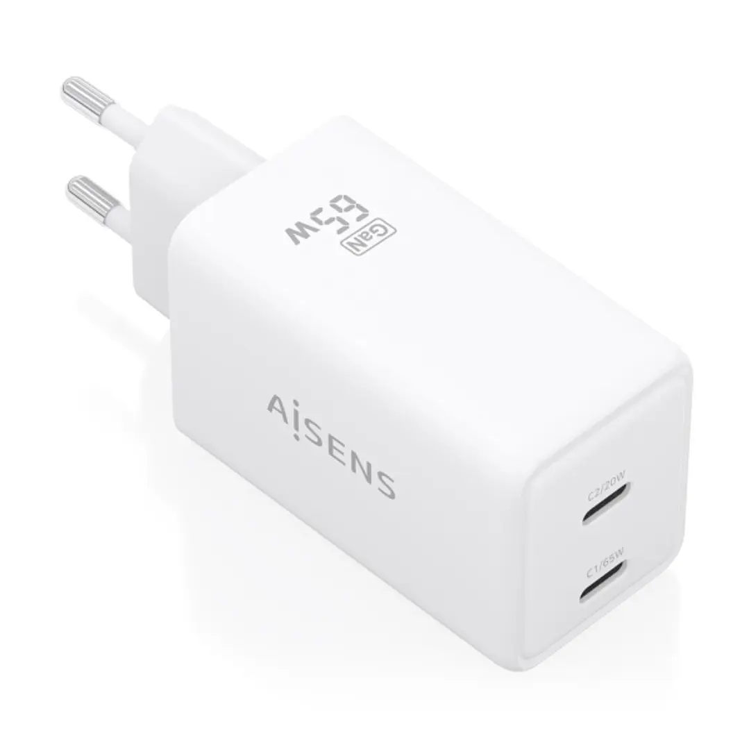 Aisens Cargador GaN 65W - 2xUSB-C PD3.0 QC4.0 - Tecnologia AI - Color Blanco 1