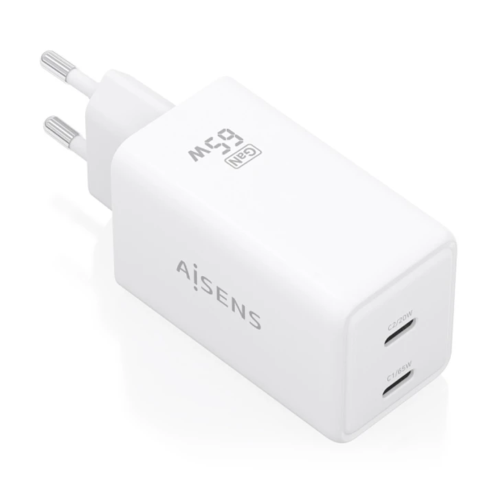 Aisens Cargador GaN 65W - 2xUSB-C PD3.0 QC4.0 - Tecnologia AI - Color Blanco 1