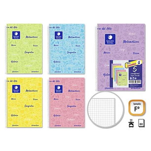 Golden Pack de 5 Cuadernos Folio 80 Hojas 90gr Cuadricula 4x4 - Resistente - Ideal para Estudiantes - Tapa Forrada - Colores Pastel Surtidos