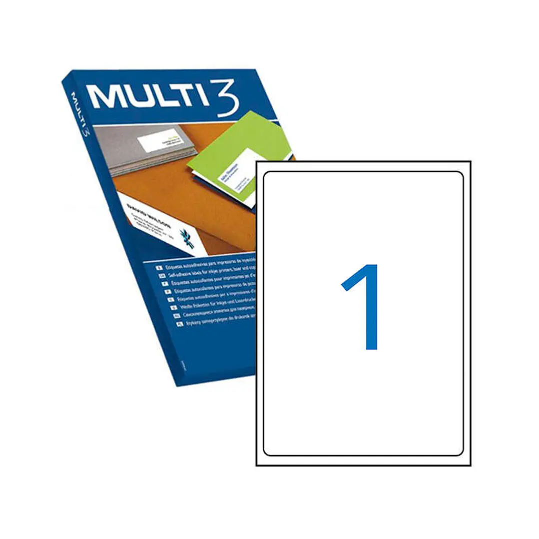Multi3 Pack de 100 Etiquetas Blancas Cantos Romos Tamaño 199.6X289.1mm con Adhesivo Permanente para Multiples Usos 1