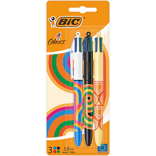 Bic 4 Colours Decors Pack de 3 Boligrafos de Bola Retractil - Punta Media de 1.0mm - Tinta con Base de Aceite - 4 Colores