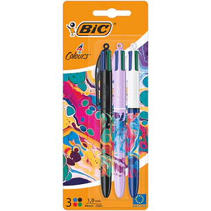 Bic 4 Colours Decors Hydro Pack de 3 Boligrafos de Bola Retractil - Punta Media de 1.0mm - Tinta con Base de Aceite - 4 Colores