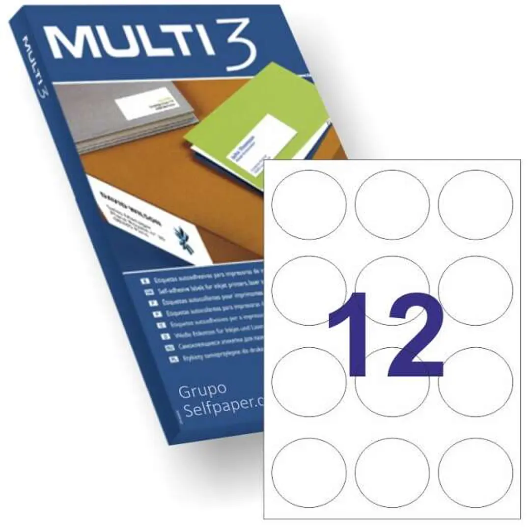 Multi3 Pack de 1200 Etiquetas Redondas 60mm de Diametro - 100 Hojas x 12 Etiquetas - Aptas para Imprimir Laser y Tinta - Color Blanco 1