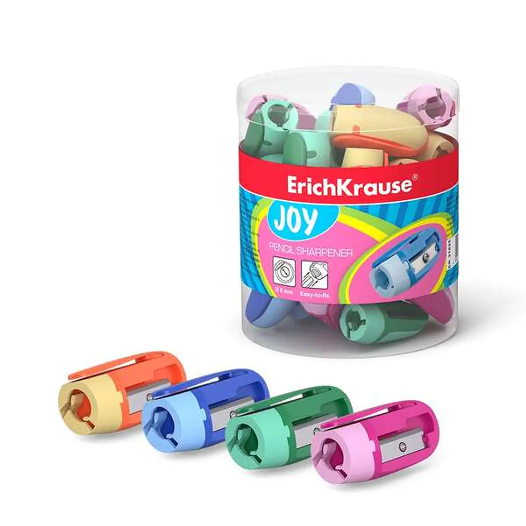 Erichkrause Joy Sacapuntas de Plastico - 1 Orificio de 8mm - Cuchilla de Acero al Carbono en Forma de Espiral - Clip de Sujeccion - Colores Surtidos 1