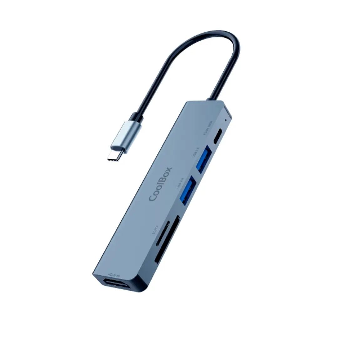 CoolBox MiniDock C61 USB-C - 1x HDMI 4K, 2x USB 3.2 Gen1, 1x USB-C PD, 1x SD, 1xMicroSD/TF - Compatible con PC, MAC y Consolas - Aluminio - Color Gris 1