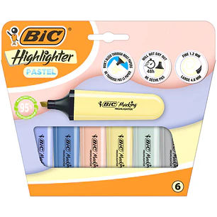Bic Marking Highlighter Flat Pastel Mineral Pack de 6 Marcadores Fluorescentes - Punta Biselada - Trazo entre 1.20 y 4.60 mm - Tinta con Base de Agua 