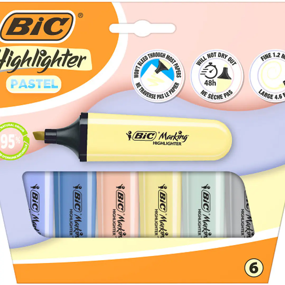 Bic Marking Highlighter Flat Pastel Mineral Pack de 6 Marcadores Fluorescentes - Punta Biselada - Trazo entre 1.20 y 4.60 mm - Tinta con Base de Agua  1