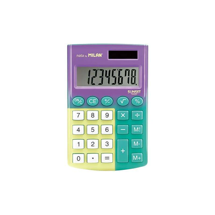 Milan Pocket Sunset Calculadora de Bolsillo con Pantalla de 8 Digitos - 3 Teclas de Memoria y Raiz Cuadrada - Teclas con Tacto Suave 1