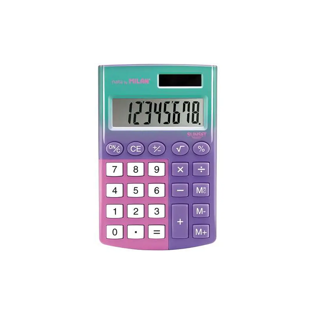 Milan Pocket Sunset Calculadora de Bolsillo con Pantalla de 8 Digitos - 3 Teclas de Memoria y Raiz Cuadrada - Teclas con Tacto Suave 1