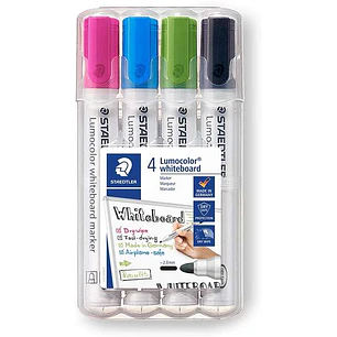 Staedtler Lumocolor 351 Pack de 4 Marcadores para Pizarra Blanca - Secado Rapido - Colores Surtidos