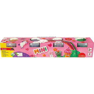 Eberhard Faber Mini Kids Pack con 4 Botes 100gr de Pasta de Modelar - 97% Ingredientes Naturales - Colores Brillantes Naranja, Morado, Rosa y Verde