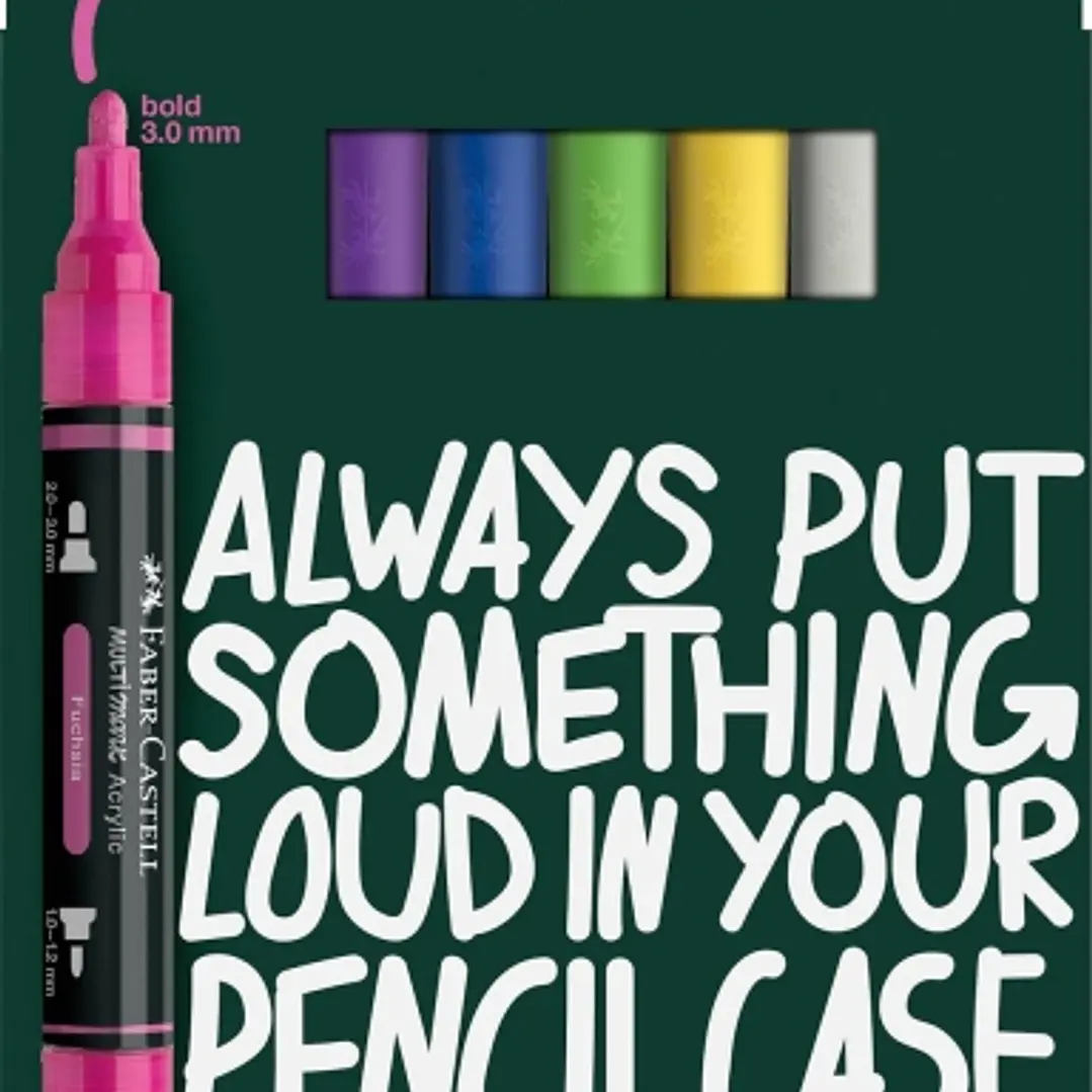 Faber-Castell Multimark Acrylic Pack con 6 Rotuladores Acrilicos Doble Punta - Puntas Redondas de 1mm y 3mm - Tinta Acrilica a Base de Agua - Colores  1
