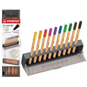 Stabilo Point 88 Set de Mesa con 10 Rotuladores de Punta de Fibra - Trazo de 0.4mm aprox. - Tinta con Base de Agua - Colores Surtidos