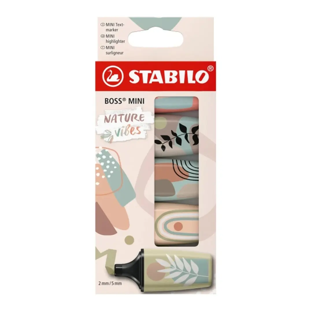 Stabilo Boss Mini Naturevibes Pack de 5 Marcadores Fluorescentes - Trazo entre 2 y 5mm - Tinta con Base de Agua - Antisecado - Colores Verde Barro, Ve 1