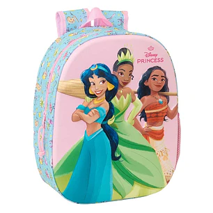 Safta Princesas Disney Mochila 3D de 8.64L - Portabotellas - Tarjeta de Identificacion Personal - Hombreras Acolchadas - 27x33x10cm - Color Azul Claro