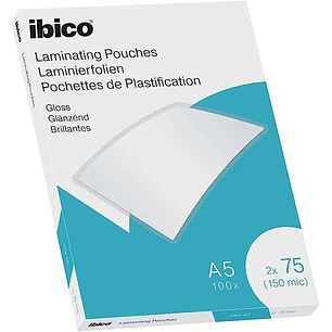 Ibico Caja de 100 Laminas para Plastificar Gloss A5 75 Micras - Acabado Brillante - Plastifica Papel, Fotos, Tarjetas de Visita, Recursos Escolares y 