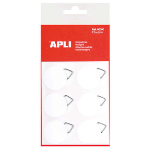 Apli Pack de 12 Colgadores Autoadhesivos Redondos Ø 30mm - Triangulo Metalico de Soporte - Base Adhesiva Blanca - Gran Resistencia - Ideal para Fotos,