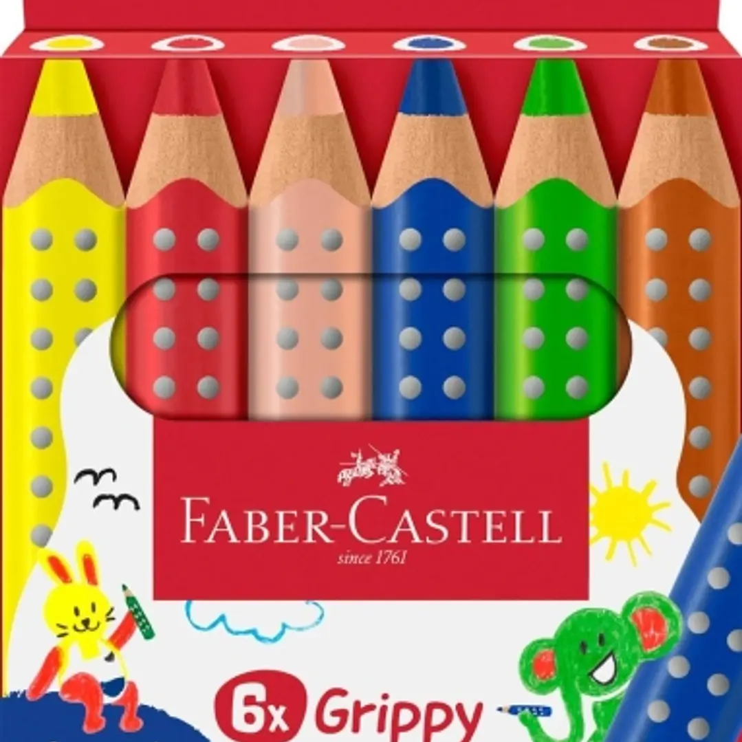 Faber-Castell Grippy Pack con 6 Lapices de Colores Gruesos Mina XXL Suave - Forma Triangular con Grip - Colores Surtidos 1