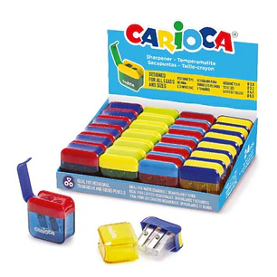 Carioca Expositor con 24 Minisacapuntas de 2 Orificios con Deposito - Tapon de Seguridad en la Cuchilla - Colores Aleatorios Surtidos