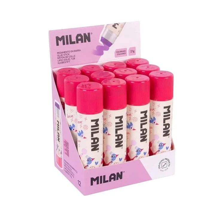 Milan Flowicorn Expositor con 12 Barras de Pegamento 21g - Multiusos - Multisuperficies - Sin Disolventes - Uso Escolar - Color Violeta 1