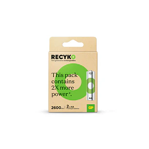 GP ReCyko Pack de 2 Pilas Recargables 2600mAh AA 1.2V - Precargadas - Ciclo de Vida: Hasta 1.000 Veces