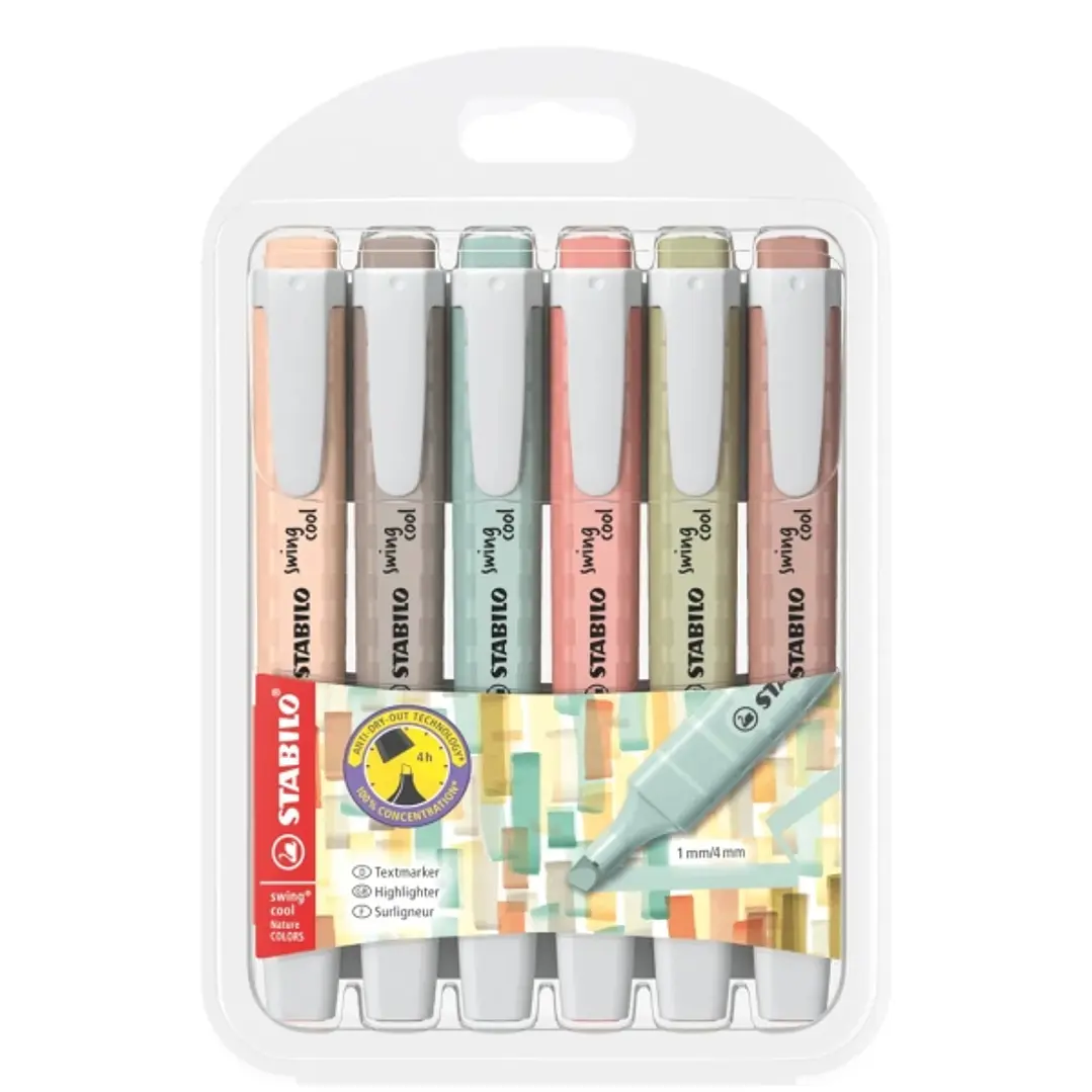 Stabilo Swing Cool Naturecolors Pack de 6 Marcadores Fluorescentes - Cuerpo Plano - Punta Biselada - Trazo entre 1 y 4mm - Tinta con Base de Agua - An 1