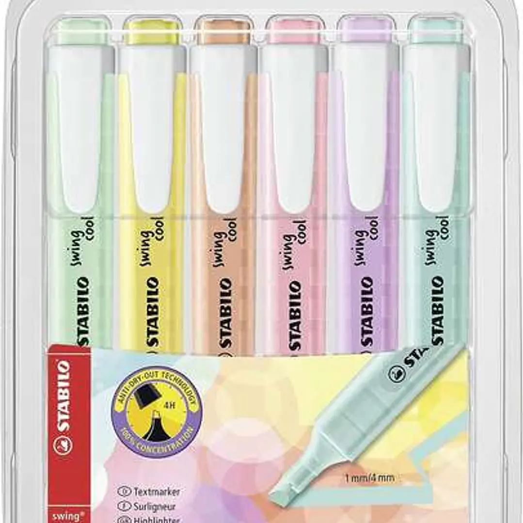 Stabilo Swing Cool Pastel Pack de 6 Marcadores Fluorescentes - Cuerpo Plano - Punta Biselada - Trazo entre 1 y 4mm - Tinta con Base de Agua - Colores  1