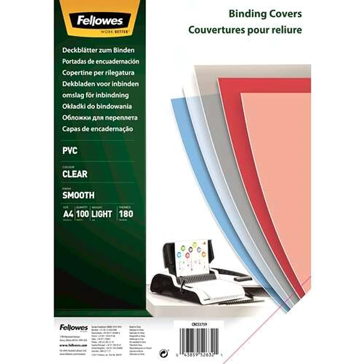 Fellowes Pack de 100 Portadas para Encuadernar de PVC A4 180 Micras - Transparentes 1