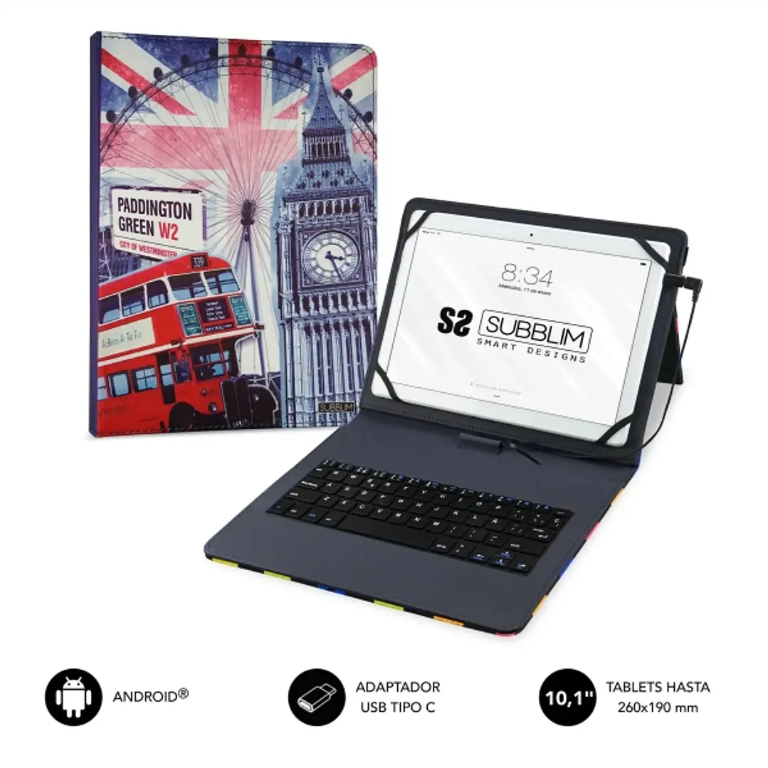 Subblim Keytab Pro USB - Teclado con Funda Universal para Tablets - Comodidad y Flexibilidad al Escribir - Angulo Ideal para Escribir o Ver Videos - A 1