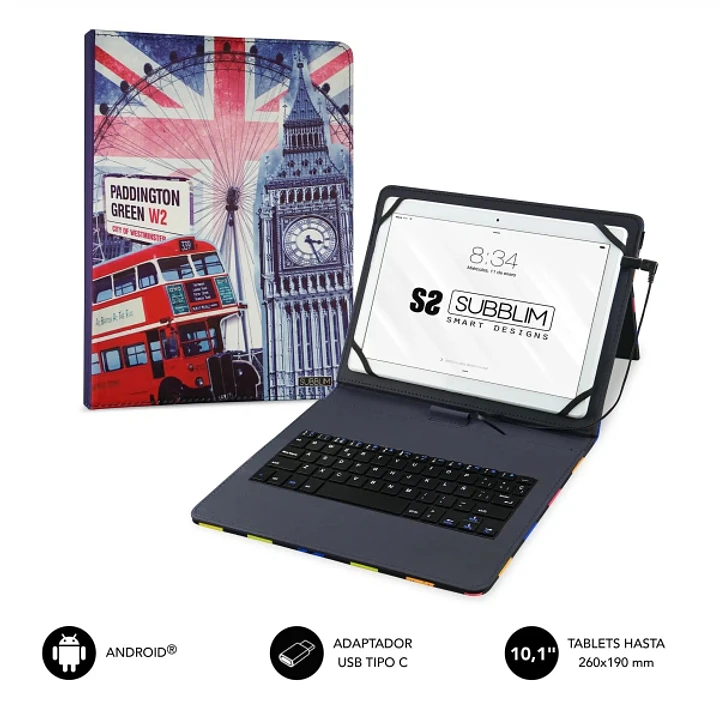Subblim Keytab Pro USB - Teclado con Funda Universal para Tablets - Comodidad y Flexibilidad al Escribir - Angulo Ideal para Escribir o Ver Videos - A 1