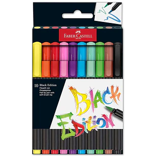 Faber-Castell Black Edition Pack de 10 Rotuladores Punta Pincel - Tinta a Base de Colorantes Alimentarios - Colores Surtidos