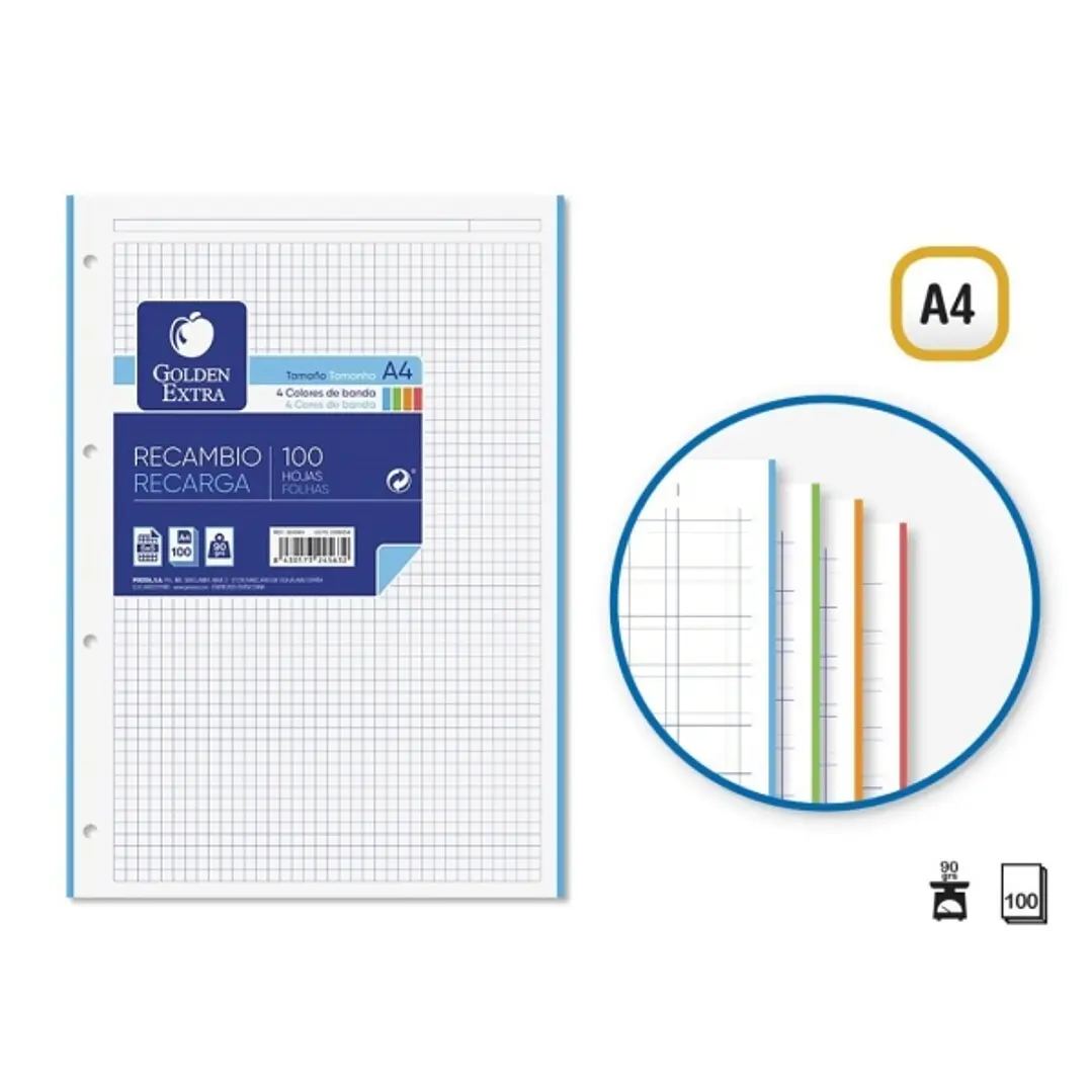 Golden Extra Recambio de 100 Hojas 90gr Cuadricula 5x5 - Formato A4 - 4 Taladros y Bandas de Color 1