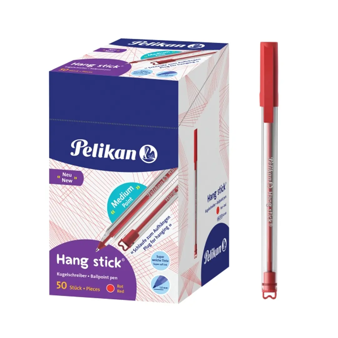 Pelikan Hang Stick Boligrafo de Bola - Trazo de 1mm - Capuchon Antiasfixia - Cuerpo Triangular Ergonomico - Gancho - Tinta a Base de Aceite - Color Ro 1