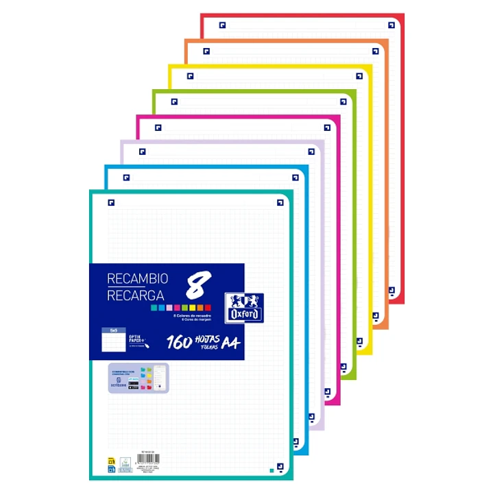 Oxford Recambio de 160 Hojas con 4 Taladros - Formato A4 - Cuadricula 5x5 Enmarcada - Anti Traspaso de Tinta - Digitalizacion de Textos con App - Colo 1
