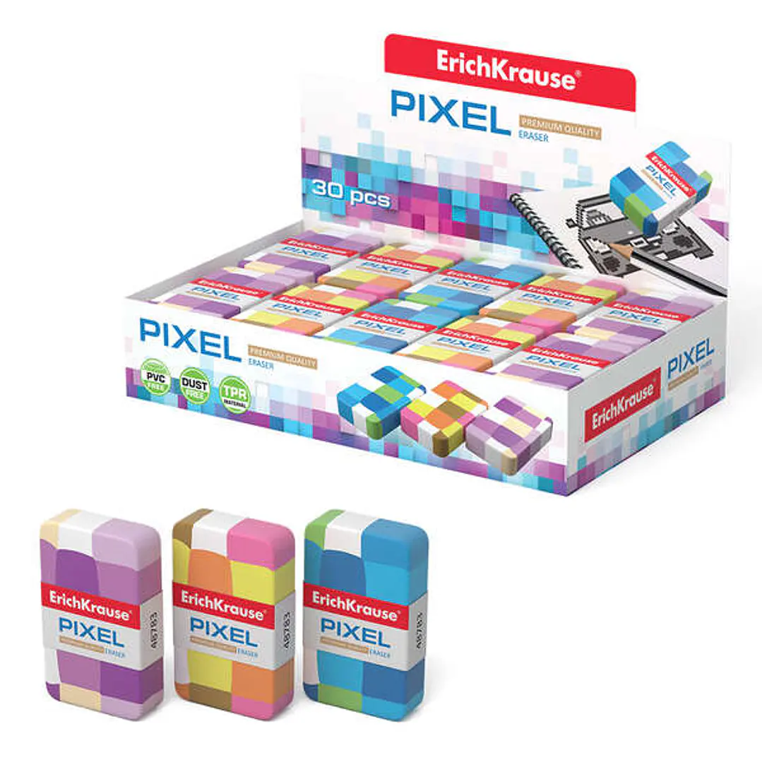 Erichkrause Pixel Goma de Borrar Suave de Forma Clasica - Fabricada de Caucho Termoplastico - Sin PVC - Colores Surtidos 1