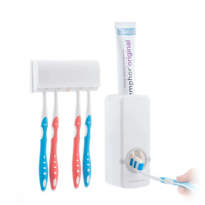 Innovagoods Diseeth Dispensador de Pasta Dental con Organizador para 5 Cepillos - Multifuncion - Facil Limpieza - Adhesivos de Calidad Incluidos - Col 1