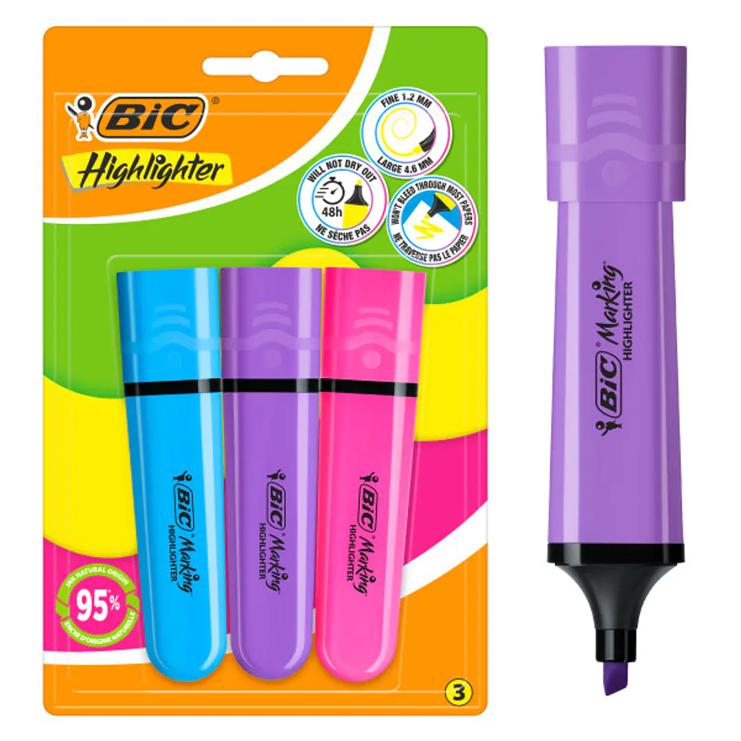 Bic Marking Highlighter Flat Pack de 3 Marcadores Fluorescentes - Punta Biselada - Trazo entre 1.20 y 4.60 mm - Tinta con Base de Agua - Colores Surti 1