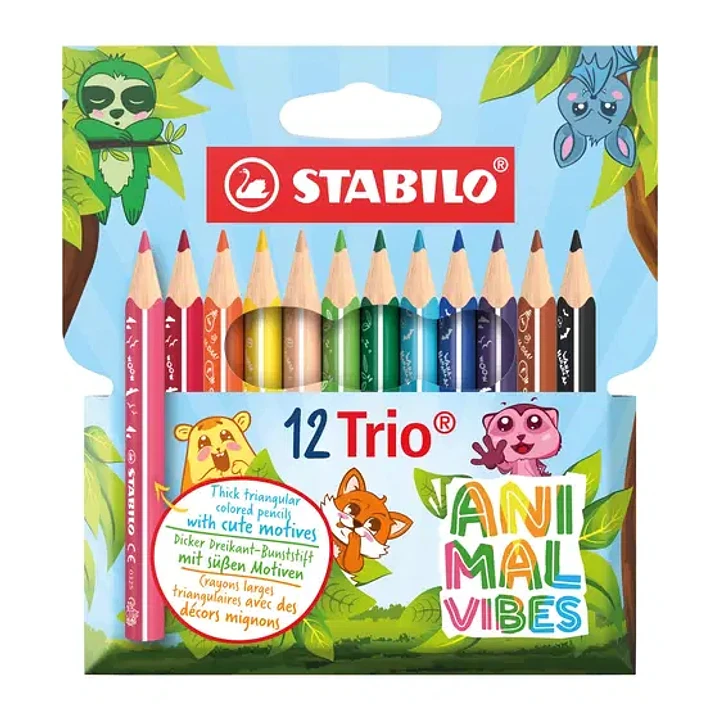 Stabilo Trio Animal Vibes Pack con 12 Lapices de Colores - Estampados Divertidos de Animales - Mina de 4.2mm - Forma Triangular - Colores Surtidos 1