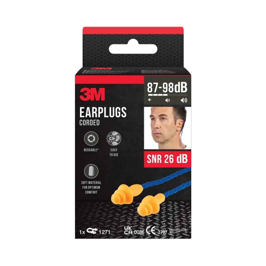 3M Tapones para Oidos con Cordon - Forma de Tres Anillos - Reutilizables - Lavables - SNR 26dB - Color Naranja 1