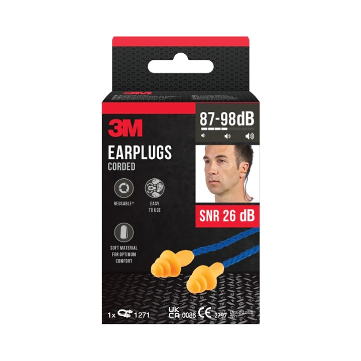3M Tapones para Oidos con Cordon - Forma de Tres Anillos - Reutilizables - Lavables - SNR 26dB - Color Naranja 1