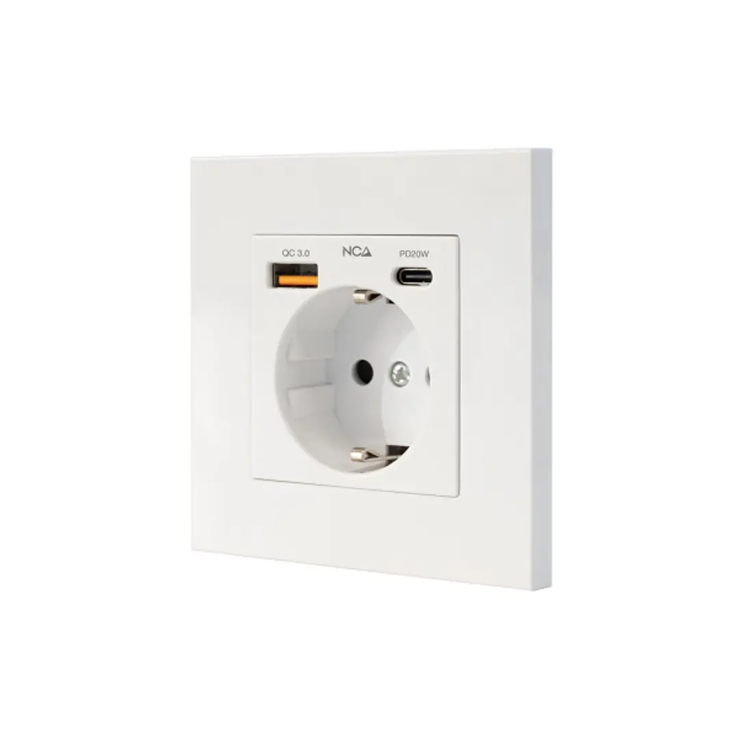 Nanocable Roseta Base de Enchufe de Pared Empotrable Tipo Schuko - 1xUSB-A QC 3.0, 1xUSB-C PD - 3.4A - Color Blanco 1