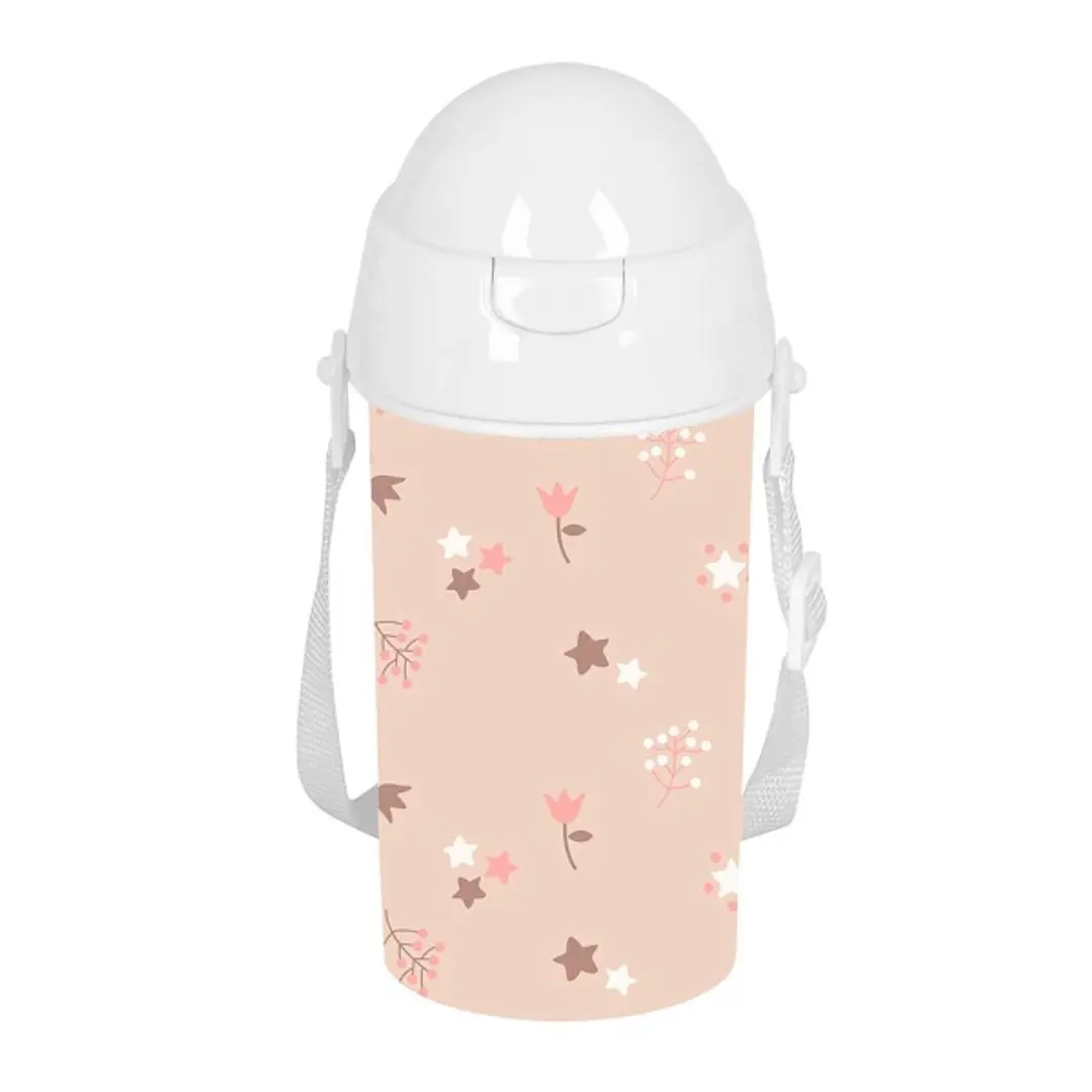 Safta Flores Botella de 500ml - PVC sin BPA - Pajita Interior - 73x73x195mm - Color Rosa Pastel 1